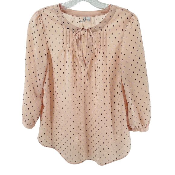 Elle Peach Whip Polka Dot Tie Neck Long Sleeve Sheer Chiffon Career Top Blouse S - Picture 1 of 10